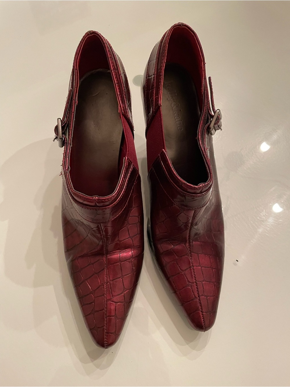 Kelly & Katie Pointed Croc-Embossed Slip-On Heels in Burgundy